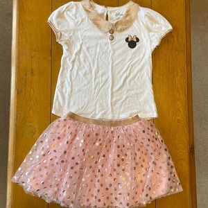 Disney size L (10/12) Minnie pink and gold collared shirt/tulle skort set